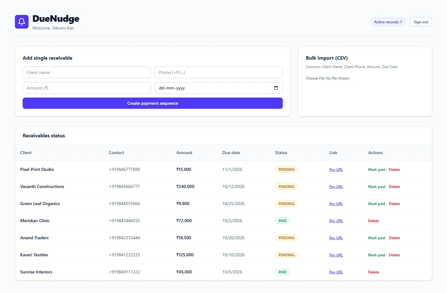 DueNudge receivables dashboard listing clients, amounts, due dates, payment status and payment links