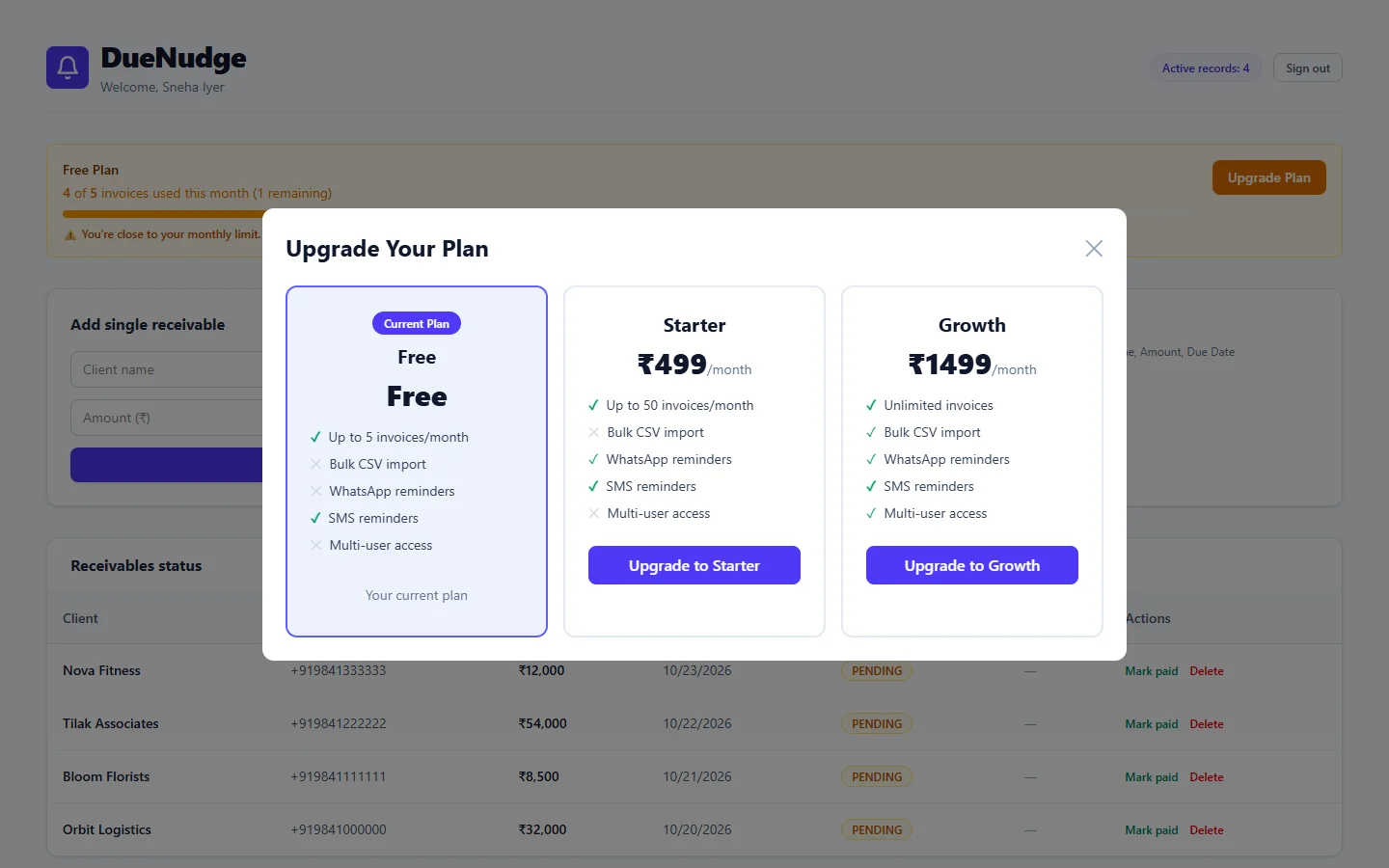 DueNudge plan comparison dialog showing Free, Starter and Growth plans with their features