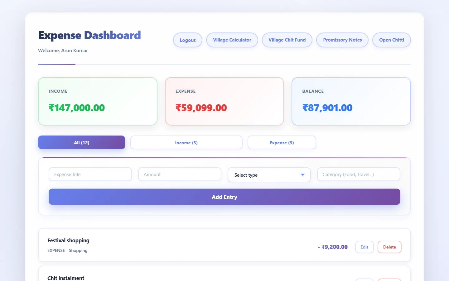 VillageLedger expense dashboard showing income, expense and balance totals with a list of entries